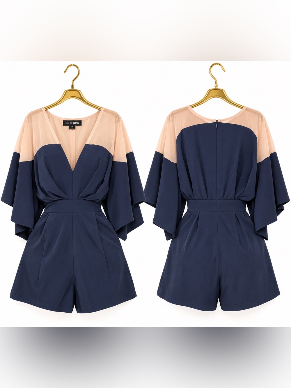Fashion Nova Navy and Beige V-Neck Short Romper - Picture 3 of 3